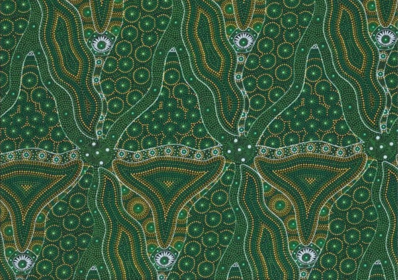 Bush Tomato and Waterhole Green Australian Aboriginal Cotton Fabric MS Textiles